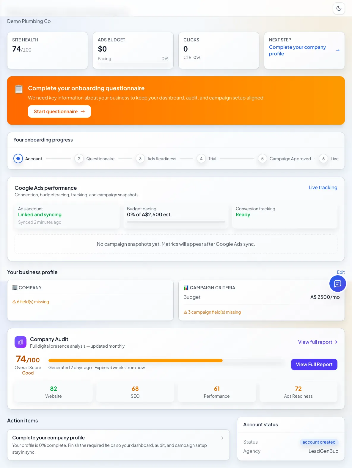 LeadGenBud client dashboard preview